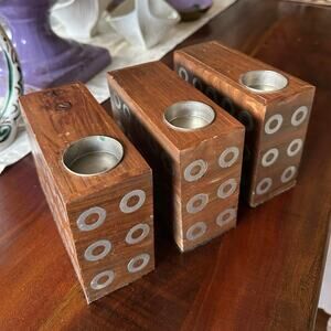 Vintage Wood Candle Holders Set Of Three Tea Light MCM art deco set modern retro